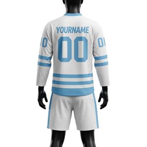 Ensemble short et maillot de hockey sur glace sublimé blanc et bleu clair pour homme, col en V, rayé, en polyester, uniforme de sport pour entraînement et match - Product Image 2