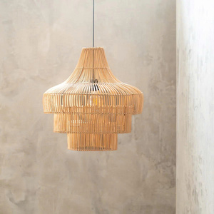 Lámparas Colgantes Decorativas Doradas de Último Diseño para Hogar y Oficina, Forma de Ratán Natural, Pantalla de 3 Niveles, Bombillas Halógenas, Fáciles de Instalar - Product Image 1