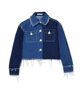 Reina Po Women's Color Blocked <b>Denim</b> <b>Jacket</b> <b>Cropped</b> Button Front Long Sleeve Casual Autumn Style Distressed Wash - Product Image 1