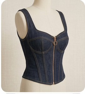 Denim <b>Patchwork</b> Corset Dress Zip Front Sleeveless Casual Dress for Streetwear Boutique - Product Image 6