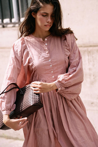 Vestido Maxi Rosa Sólido Elegante y Modesto para Mujer, Cuello en V, Manga Abullonada, Manga Larga, Botones al Frente, Algodón Ecológico, Vestido Casual Holgado - Product Image 2