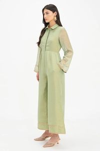 Elegante Mono Verde de Punto Transparente con Bordado para Mujer, Mangas Acampanadas, Cuello Vuelto, Largo Completo, Ajuste Holgado, Ideal para Primavera y Verano - Product Image 2