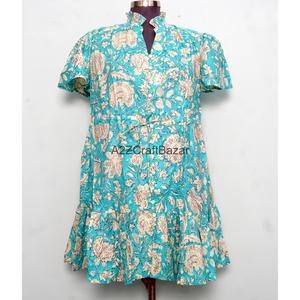 Robe Courte Femme 100% Coton Tricotée Col V Manches Courtes Taille Haute Coupe Évasée Imprimé Floral Numérique Lavable Respirante Idéale Bureau - Product Image 1