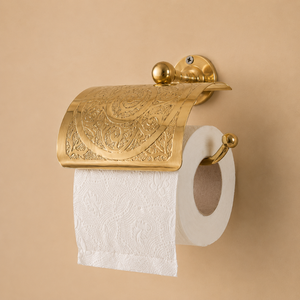 Porte-papier toilette en laiton gravé de luxe avec couvercle, support mural décoratif pour rouleau de papier, finition or antique, accessoires de salle de bain - Product Image 1