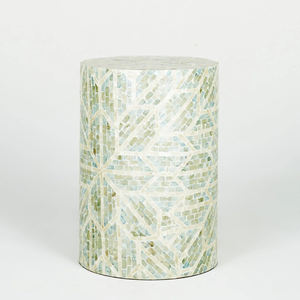 White Geometric Pattern Cylinder <b>Stools</b> Mother of Pearl Handcrafted Mosaic Small Side <b>Table</b> For Living Room Bedroom Decor Use - Product Image 4