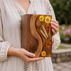 Custom Wood Resin Urn with Dried Flowers and Curved Grain Design, Handmade <b>Memorial</b> Ashes <b>Box</b>, Engraved Keepsake Gift - Product Image 5
