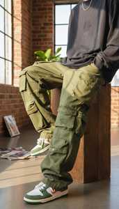 Casual Straight Fit Breathable Midweight Autumn Wear <b>Cargo</b> <b>Men's</b> Olive <b>Green</b> Canvas <b>Cargo</b> <b>Pants</b> Elastic Waist Multiple Pockets - Product Image 4