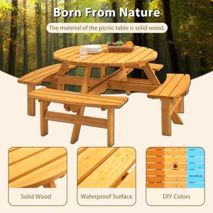Tavolo da Picnic Circolare in Legno per 8 Persone con 3 Panche Integrate per Uso Esterno, Spiaggia, Patio, Giardino - Product Image 5