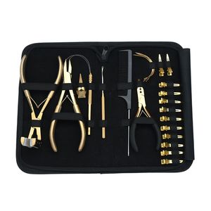 Kit complet d'outils pour extensions capillaires avec pince à pression pour bandes adhésives, pince à sertir micro-perles à trois trous, enfileur de boucles capillaires et crochet de tirage - Product Image 1