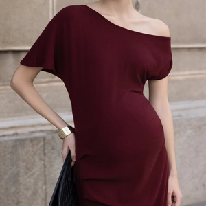 Vestido Midi Elástico de Punto para Verano, Casual, Nuevo, Minimalista, con Hombros Asimétricos, Tejido Transpirable, con Botones, Rayas, Elegante, Formal, para Oficina, con Abertura - Product Image 1