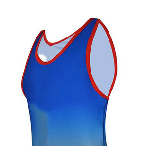 Combinaison de lutte sublimée dégradée pour hommes, bleu-rouge ombré, pour compétition de powerlifting, vente en gros, OEM - Product Image 5
