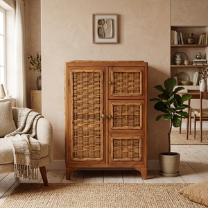Nouvelle console de rangement en rotin tressé et bois, style moderne et minimaliste, avec tiroirs, pour l'intérieur - Vente en gros - Product Image 4