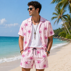 Shirt Anti-Pilling Satin Fabric Short Sleeve Pink Floral Printed Design satin 100%poly 300Grams Men's Casual Summer Breatha - Product Image 2