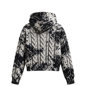 Black <b>White</b> Cable Knit <b>Hoodie</b> Paint Splatter Pattern Braided Drawstrings Kangaroo Pocket Ribbed Cuffs Streetwear Pullover Casual - Product Image 2