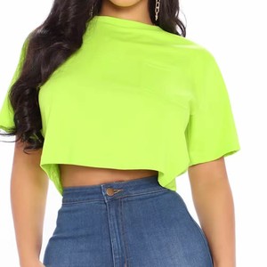 Crop top personnalisé pour femmes, t-shirt en jersey de coton à manches courtes, col rond, couleur unie, avec poche, vêtements décontractés pour le printemps et l'été, OEM ODM - Product Image 3