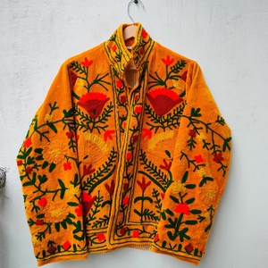 Handcrafted Mustard Velvet <b>Quilted</b> Jacket Kashmiri Floral Crewel Embroidery Bohemian Winter Coat Festival Wear Breathable - Product Image 5