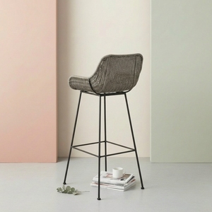 Modern Wicker <b>Bar</b> <b>Stool</b> Woven Bucket <b>High</b> Chair With Black Metal Legs For Contemporary Kitchen Island Cafe Restaurant Seating - Product Image 4