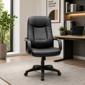 Chaise de bureau ergonomique moderne en cuir PU avec accoudoirs fixes, base en aluminium, chaise de direction pivotante pour usage professionnel - Product Image 1
