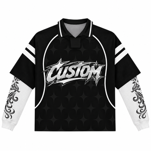 Men's Oversized Streetwear <b>Polo</b> Shirt <b>Black</b> White Letter Print Long Sleeve Layered Jersey <b>Top</b> - Product Image 1