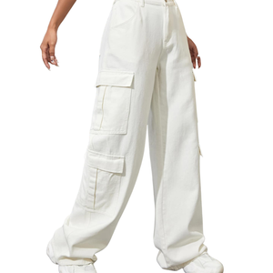 Pantalones Cargo de Mezclilla Blancos para Mujer, Pierna Ancha, Cintura Alta, Bolsillos Utilitarios, Corte Recto Informal, Jeans de Algodón de Secado Rápido y Transpirables, a la Moda - Product Image 5