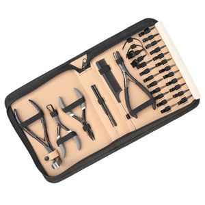 Kit d'outils pour extensions capillaires : crochet de tirage, boucle de fil, micro-perles, outil de dépose de micro-perles, pince à ouvrir/fermer, peigne à queue pour extensions adhésives, aiguille, pince à doigt - Product Image 1