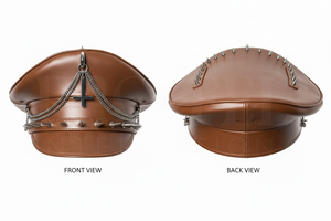 100% High Quality PU Leather Peak <b>Cap</b> Classic Flat Top <b>Hat</b> Adjustable Uniform Style Outdoor Fashion Chain Decoration Visor <b>Caps</b> - Product Image 6