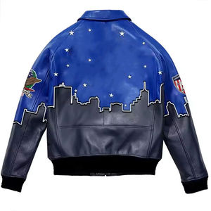 Blouson Bomber en Cuir PU Noir pour Homme avec Broderie et Motifs Appliqués sur le Devant, Col Rabattu, Fermeture Éclair, Automne - Product Image 2