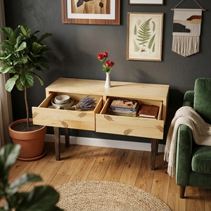 2 Drawer <b>Console</b> <b>Table</b> Leaf Motif Details Dark Tapered Legs Natural Solid Wood Entryway Sofa Side <b>Storage</b> <b>Table</b> Home Furniture - Product Image 3