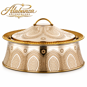 Plat de service de luxe en acier inoxydable gravé à l'arabe, 24 cm, écologique et durable, avec couvercle chauffe-plat, disponible en Or, Or rose, Noir - Product Image 1