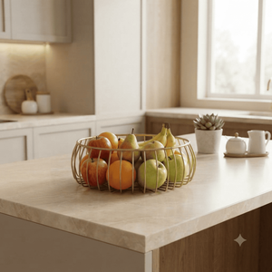 Corbeille à fruits moderne en fil métallique doré, design minimaliste, organisateur de rangement durable pour cuisine, maison, hôtel, restaurant - Product Image 2