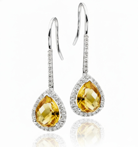Boucles d'oreilles pendantes de luxe en argent 925 pour femme avec pierres précieuses en citrine et moissanite taille brillant, sertissage griffe, forme végétale - Cadeau idéal - Product Image 2
