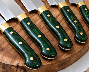 Ensemble de couteaux de chef en acier inoxydable faits à la main, 5 pièces, avec manches en bois ambidextres, lames extra-affûtées et polies, et étuis en cuir - Product Image 3