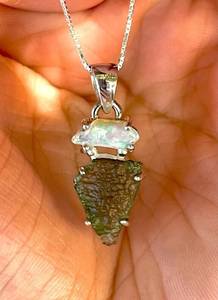Natural Moldavite And Opal Pendant Irregular Shape Polished Iridescent 925 <b>Silver</b> Setting For Necklace Making - Product Image 5