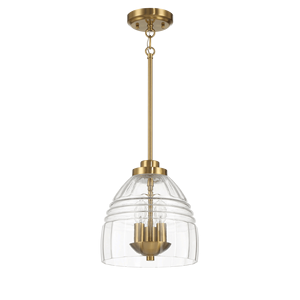 Lampadario a 3 Candele in Vetro Trasparente e Ottone Satinato con Catena - Product Image 1