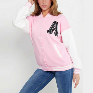 Pink White Varsity Jacket Letter A Embroidered Preppy Style Baseball Coat Regular Fit Turn-down Collar Casual College Jacket - Product Image 3