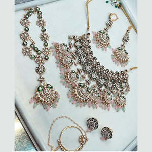 Juego de collar Meenakari de piedra Kundan y cuentas chapadas en oro 10581322PGR Conjunto de joyería fina - Product Image 2