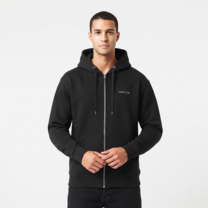 Sweat-shirt à capuche pour homme avec cordon de serrage et poche, côtelé, épais, de haute qualité, uni, noir, avec fermeture éclair intégrale - Product Image 3