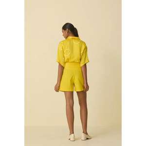 Ensemble coordonné jaune uni pour femmes, chemise et short, tenue décontractée d'été, ensemble deux pièces - Product Image 4