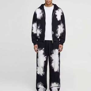 Vintage Sun Faded High Quality Cotton Acid Washed Oversize Zip up <b>Hoodie</b> and Sweat Pants Print Distressed Tracksuits for Men - Product Image 1