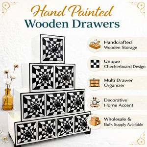 Meuble de rangement à double tiroir en fibres végétales peint à la main, noir et blanc, vintage, décoratif, fait main, gain de place, décoration intérieure - Product Image 6