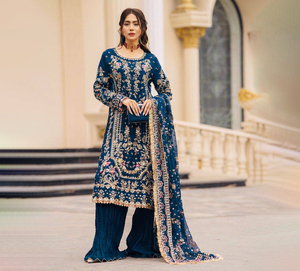 Último Modelo PinkCityBlocks, Conjunto Kurti Sharara Gharara Reversible con Bordado Completo, Estilo Étnico Georgette Especial, Personalizable - Product Image 1