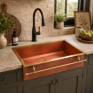 Handmade Pure Copper Farmhouse <b>Kitchen</b> Sink with Brass Front Rail <b>Apron</b> Front Single Bowl Copper <b>Kitchen</b> Sink Luxury Wash Basin - Product Image 5