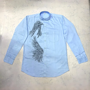 Classic <b>Long</b>-Sleeve Collarless Casual Shirt Featuring Floral Hand-painted Woven Velour 100% Cotton Summer Shirts - Product Image 1