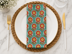 Servilleta de Mesa Cuadrada Moderna 100% Algodón con Estampado a Mano, Diseño Floral, Reutilizable, de la India (Rajasthan) - Product Image 1