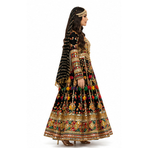 Vestido Étnico Tradicional Indio de Seda Negra Bordada, Largo hasta el Suelo, para Mujer, Corte Regular, para Todas las Temporadas, Vestido Étnico Afgano Kuchi - Product Image 2