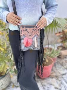 Sac à main multi-usages pour femme, petit format, élégant, en cuir sculpté à la main avec franges, transparent, pour téléphone - Product Image 4