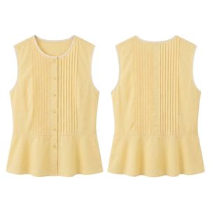 Custom Soft <b>Yellow</b> <b>Women's</b> Sleeveless Blouse Pintuck Front Button Detail Flared Hem Romantic Summer <b>Top</b> - Product Image 3