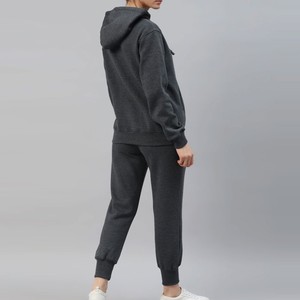 Ensemble de survêtement décontracté pour femme, gris foncé, à capuche, couleur unie, manches longues, fermeture éclair, pantalon de jogging, respirant, 100 % coton, pour l'automne - Product Image 3