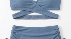 <b>bikinis</b> beachwear Women's <b>Blue</b> Crossed Halter <b>Bikini</b> <b>Set</b> High Waist Bottoms with Drawstring Detail Solid Color Swimwear - Product Image 2