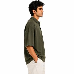 Oversized Breathable Solid Knitted Front <b>Mens</b> for <b>Shirt</b> Olive <b>Green</b> Short Sleeve Casual Cotton Collared Summer Streetwear - Product Image 3